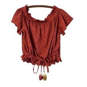 Trovata Birds of Paradis Rust Eyelet Off Shoulder Tassel Waist Blouse Size S